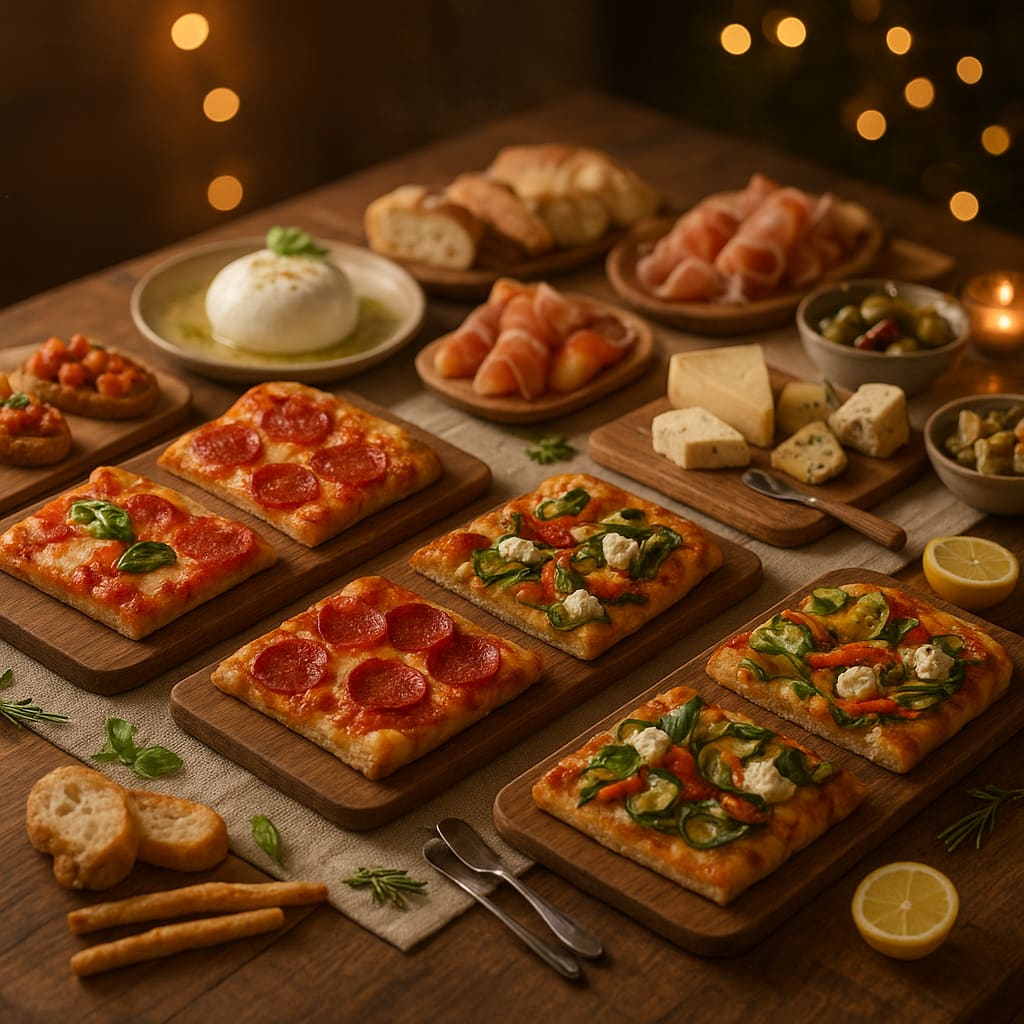 Catering Setup mit Pizzastücken und italienischen Vorspeisen