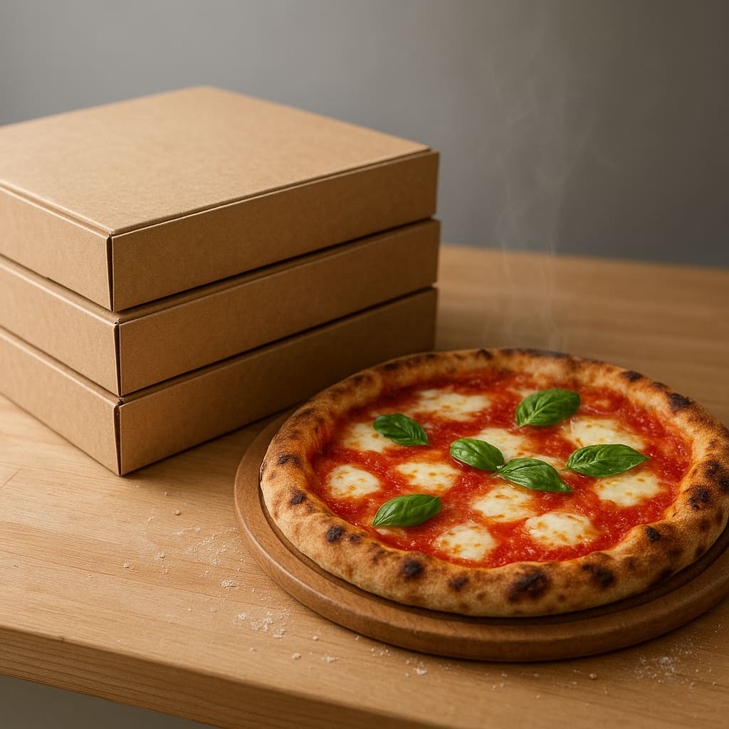 Takeaway Pizza-Boxen neben frischer Pizza