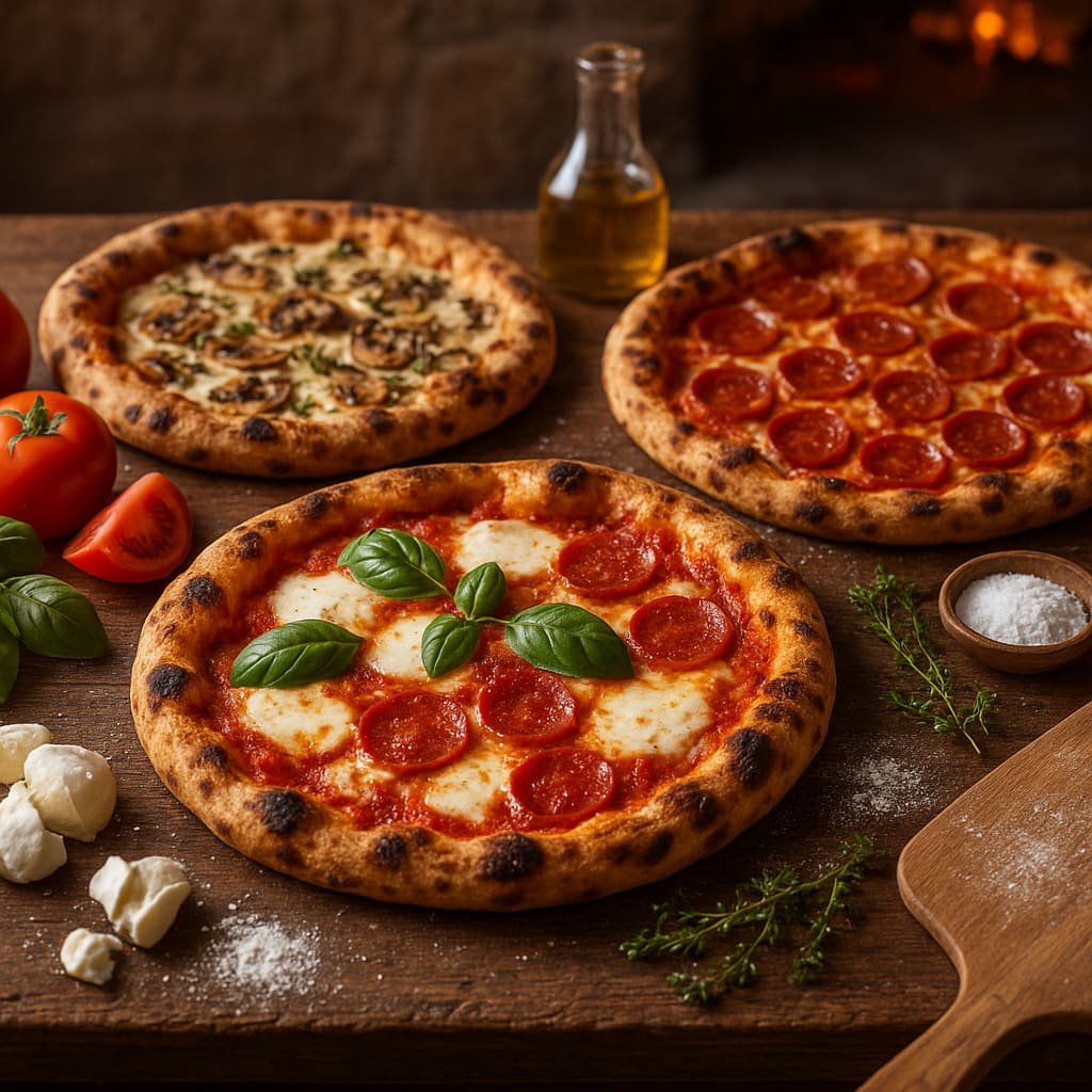 Auswahl frisch gebackener Holzofenpizzen